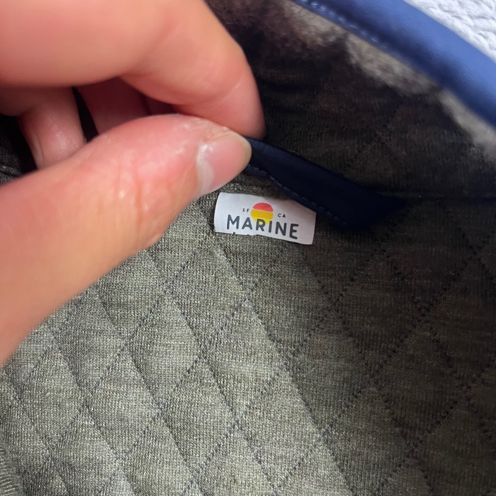Marine Layer Mens Corbet Quilted Reversible Snap Pullover Blue Olive Large - Picture 2 of 8